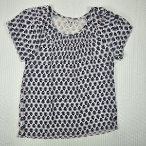 LOFT Pink and Navy Floral Scoop Neck Short Sleeve Top